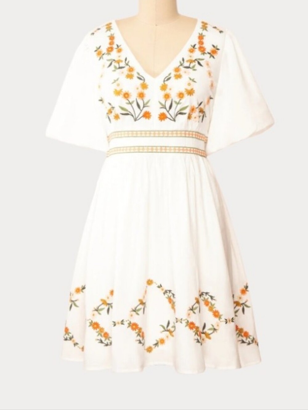 In Loom V Neck Short Puff Sleeve Mini Dress White Floral Embroidery Green Peach